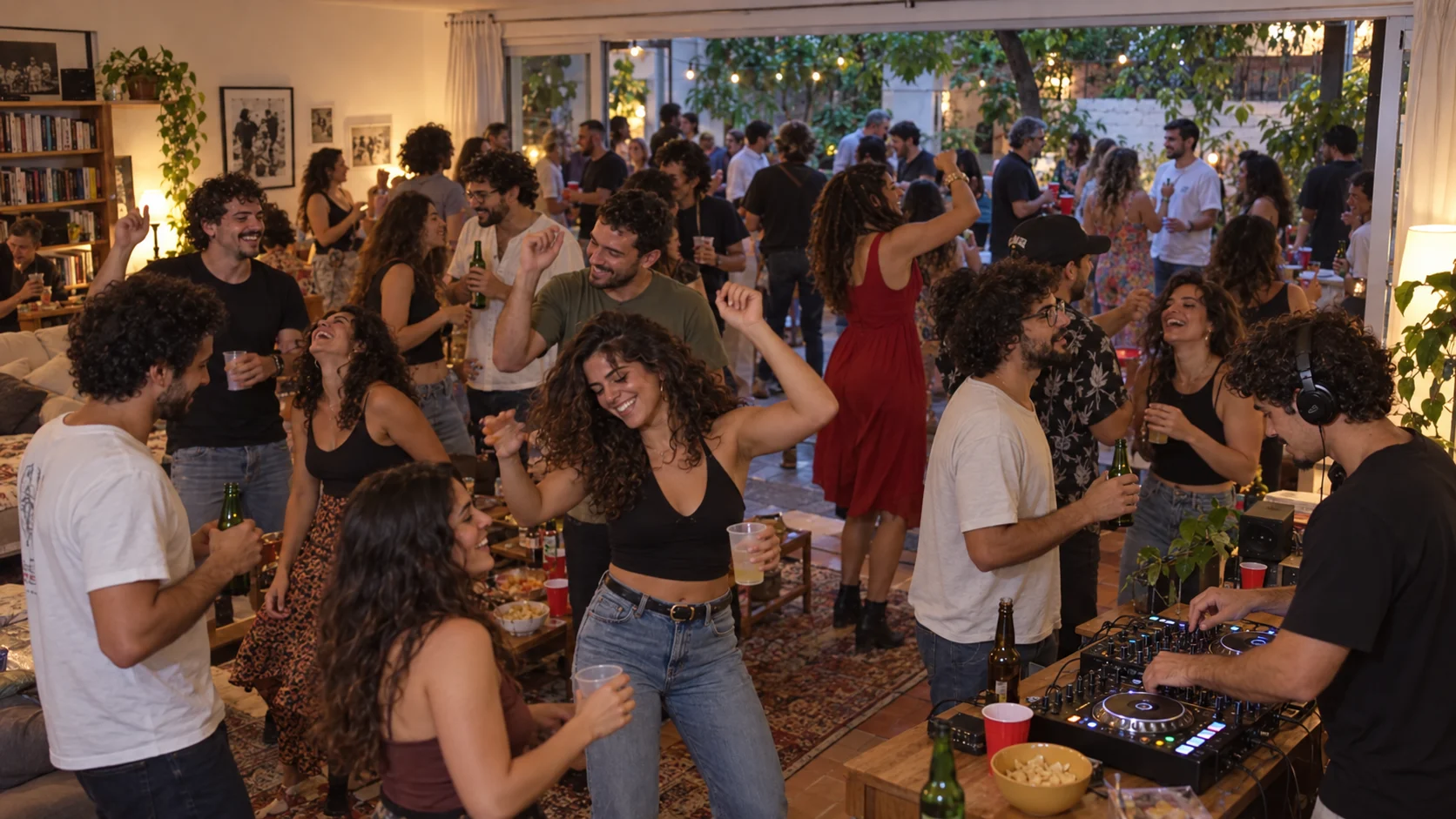 DJ na lateral de uma festa em casa com uma turma de amigos dançando, conversando e rindo na sala e no quintal