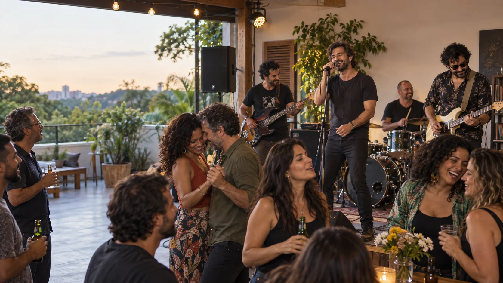 Banda de rock tocando ao fim da tarde com amigos dançando e curtindo a festa
