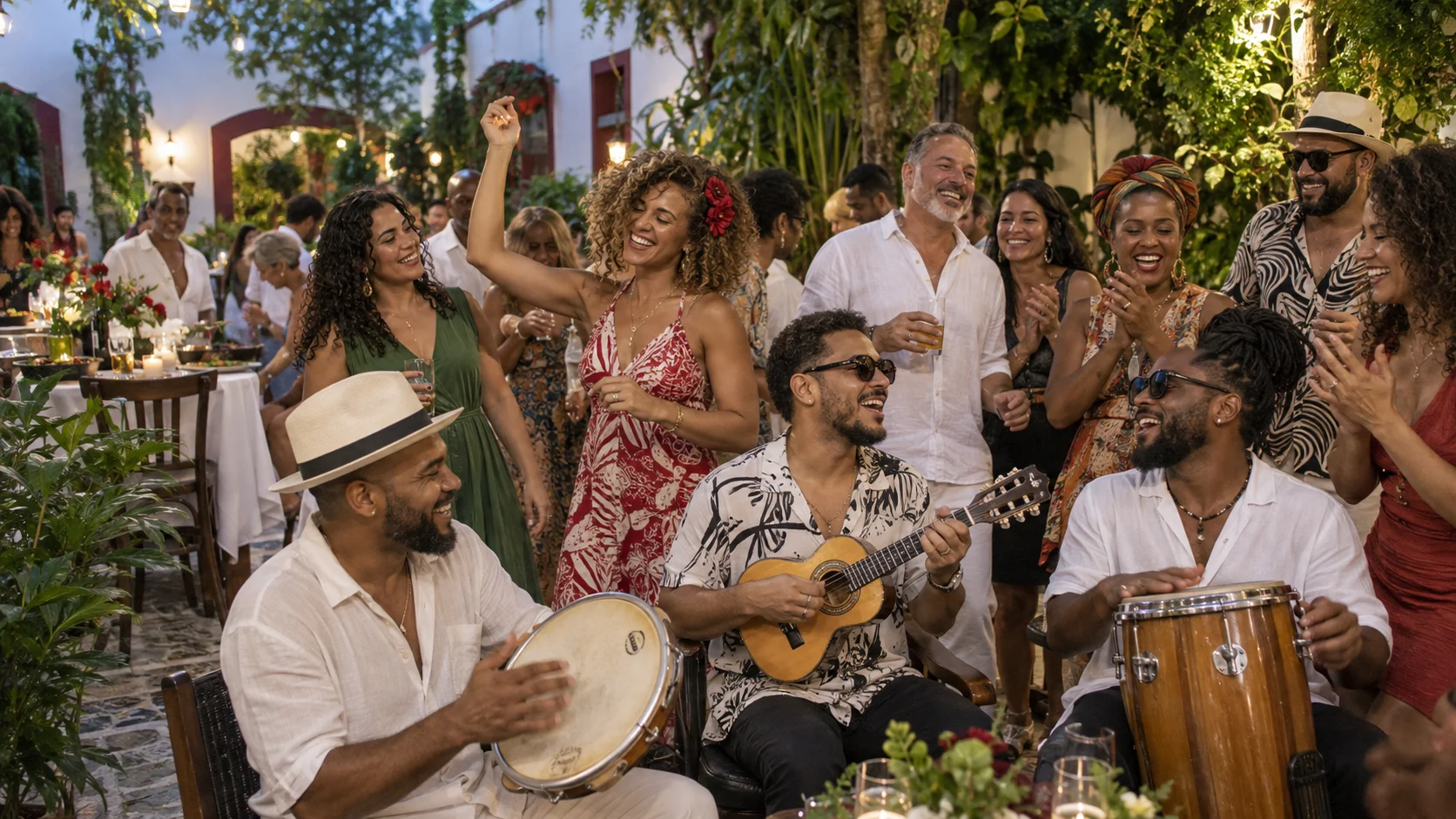Roda de samba com cavaquinho e percussão, cercada de convidados cantando e dançando